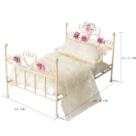 1:12 Dollhouse Bed, Dollhouse Bedroom Furniture Accessories, WGreen Hand Floral Engravings Iron Bed with Removable Bedding and Pillow, Miniature Furniture Gift for Dollhouse Lovers and collectors