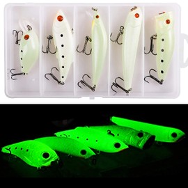Glow Fishing Lures Bait Kit- 5pcs Luminous Minnow Crankbait VIB Popper Pencil Night Artificial Fishing Lures with Treble Hooks Tackle Box for Bass Saltwater Freshwater