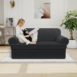 Pfrstuv Waterproof Loveseat Cover 3-Piece Set Striped Slipcover for 2 Separate T Cushion Couch - TPU Fabric 2-Seater Sofa Covers Leakproof Couch Protector for Kids, Pets(Loveseat, Dark Gray)