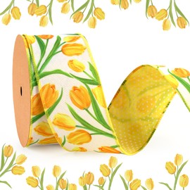 LaRibbons Double Faced Yellow Tulip Wired Edge Ribbon 2.5 Inch x 12 Yards,Reversible Floral and Polka Dot Burlap Ribbon for Spring Summer Crafts Wrapping Wreath Bow DIY Decorative