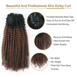 ABH AMAZINGBEAUTY HAIR Afro Kinky Curly Clip in Hair Extensions Two Tone Ombre Brown #T4 Afro Curly Clip in Hair Extensions Human Hair Thick Clip Ins For Black Women 18 Inch Double Weft 120G 7Pcs