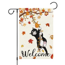 Louise Maelys Welcome Fall Cat Garden Flag 12x18 Double Sided, Small Burlap Autumn Black Cat Garden Flag Fall Thanksgiving Outside Outdoor House Yard Decoration (ONLY FLAG)