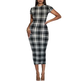 Women's Long Bodycon Dress - Summer Casual Short Sleeve Midi Club Party Fitted Tight Dresses Plaid L