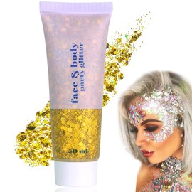 Glitter Gel, Glitter Liquid Eyeshadow Body Lotion, Chunky Glitter Gel, Mermaid Sequins Sparkling, for Face, Hair, Lips, Nails, Gold