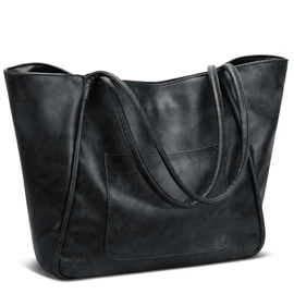 KKXIU Large Tote Bag for Women with Zipper Work Leather Travel Purse and Handbags - Black