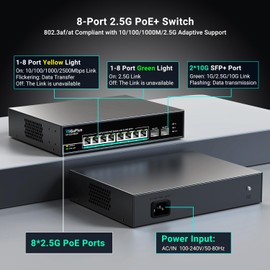 10 Port 2.5Gb Unmanaged PoE Switch with 8*2.5G Base-T PoE Ports, 2*10G SFP+ Uplink, 802.3af/at (PoE+), 80Gbps Switching Capacity, GigaPlus 2.5G PoE Switch for 2.5Gb NAS/PC, WiFi6 Router, Wireless AP