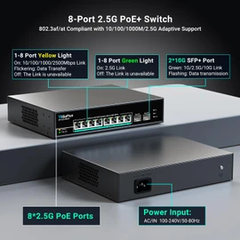 10 Port 2.5Gb Unmanaged PoE Switch with 8*2.5G Base-T PoE Ports, 2*10G SFP+ Uplink, 802.3af/at (PoE+), 80Gbps Switching Capacity, GigaPlus 2.5G PoE Switch for 2.5Gb NAS/PC, WiFi6 Router, Wireless AP