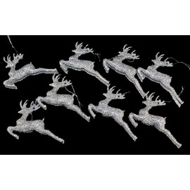 Set Of 8 Silver Glitter Reindeer Christmas Tree Hanging Ornament Decorations