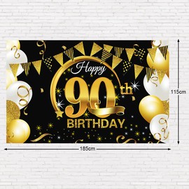 Bluelves 90th Birthday Decoration Black Gold, 90th Birthday Banner, 90th Birthday Party Decor for Woman Man, 90th Anniversary Background Banner, Extra Large Fabric for 90th Birthday Party Decoration
