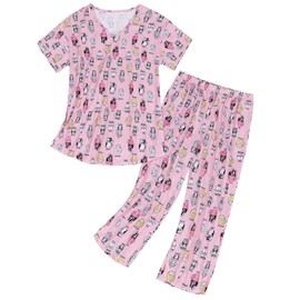Pajamas For Women Two Piece Sleepwear Tops with Capri Pants lounge set Print Ladies Pajamas set Pj Set Pink Cat Cup M