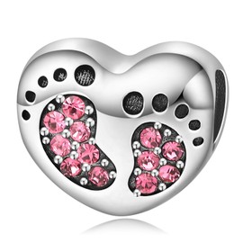 Shining Charm Sister 925 Sterling Silve Charms for Bracelet Christmas Birthday Gifts from Big Little Sister Brother Pink Footprint Charm