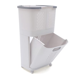 MOCHAG 2 Tier Laundry Basket With Wheels, Movable Household Plastic Laundry Hamper Bathroom Clothes Storage Basket, Floor-Standing Hand-Held Organization for Bedroom, Laundry Table, 17x12x29Inches