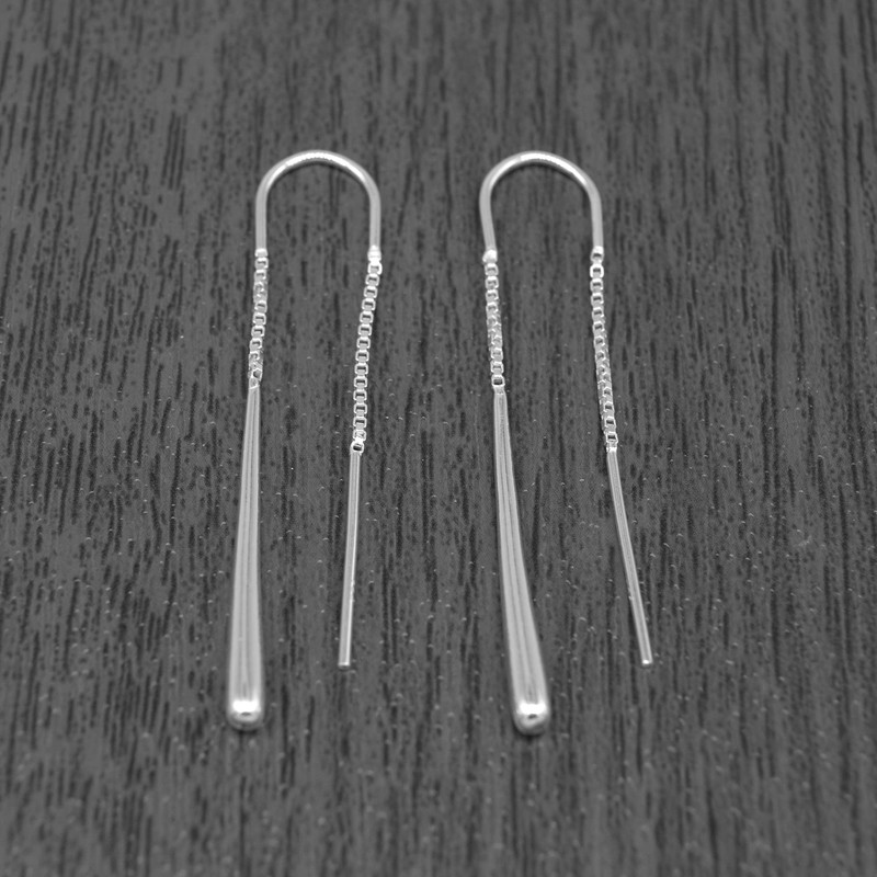 Genuine 925 Sterling Silver Threaded Tear Dropper Pull Through Earrings