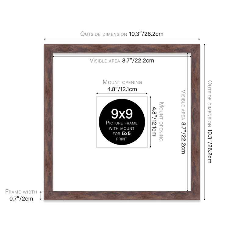 9x9" Square Picture Frame, Display Pictures 5x5" With Mat or
