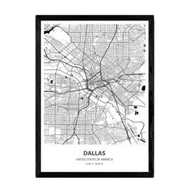 Nacnic Map of Dallas USA Blades of the United States Cities with Seas and Rivers in Black Colour A4 Size with Frame
