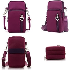 3-Layers Crossbody Bag Cellphone Pouch Armband Wallet Nylon Smartphone Purse (Purplish Red, 19 * 10 * 6CM)