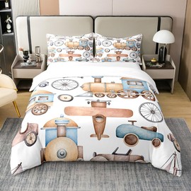 Watercolor Aircraft 100% Cotton Duvet Cover Full Size 3 Pcs Cute Cartoon Train Engine Decor Bedding Set for Kids Boys Girls Retro Cars Planes Vehicle Comforter Cover with 2 Pillowcases(No Comforter)