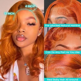 350 Ginger Orange Lace Front Wigs Human Hair Pre Plucked 13x4 Transparent HD Lace Front Wigs with Baby Hair Body Wave Bob Wig Human Lace Front Wigs for Black Women 180% Density 14 inch