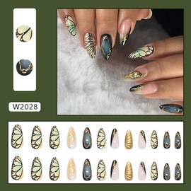 PODUOJIEYI Green Gradient Butterfly Press on Nails Medium Almond Fake Nail Dark False Nail 3D Ripple Glue on Nails Gold Irregular Lines Acrylic Nail Summer Stick on Nails for Women Manicure 24Pcs