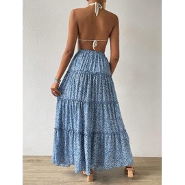 Verdusa - Faldas largas plisadas de cintura alta con estampado floral para mujer, Azul y blanco, M