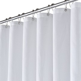 BTTN Narrow Waffle Shower Curtain, W92xH182cm White Mould Proof Resistant Weighted Fabric Shower Curtains for Bathroom, Heavy Duty Waterproof Thick Cloth Shower Curtain Set with 6 Plastic Hooks