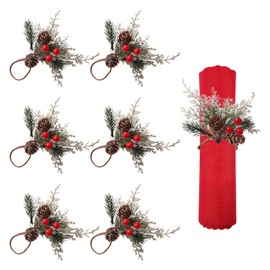 Christmas Napkin Rings, 6 Pcs Pine Cones Red Berries Christmas Napkin Rings Napkin Holder Buckles Table Decoration for Xmas Wedding Anniversary Dinner Party (Green, Length 15cm)