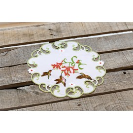Decorative Hummingbird Table Doily, White with Green Border, Embroidered Floral Design (11 Inch Round)