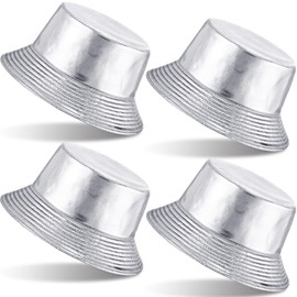 Yearntown 4 Pcs Metallic Bucket Hat Unisex Trendy Fisherman Hats Reversible Packable Sun Cap for Men Women Outdoor (Silver)