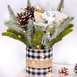 Small Table Top Christmas Tree with Lights, Mini Christmas Tree Decorations with Reindeer Pine Cones Berries Lamb Leaves Ornaments for Home Party Office Indoor Decorations 12Inch, Black & White Plaid