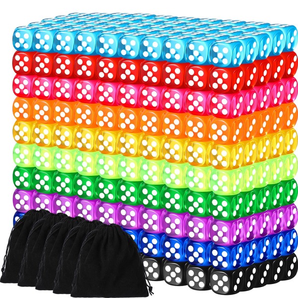 Syhood 500 Pieces 14mm Colored Dice Bulk Dice 6 Sided Dice Set with 5 Pieces Drawstring Pouches Standard Game Dice for Classroom Teaching Math Learning Board Dices Game,10 Color