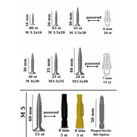 Netzerkoz 315 pcs Wood Screws and Dowels Set, Phillips Countersunk Screws and Dowels, Wood Screws Set with Dowels - Chipboard Screws Assortment with Storage Box and Magnetic Spindle Drill Tip