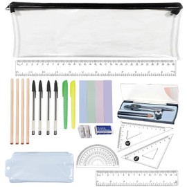 20 PCS School Stationery Set with 4 Pencils, 4 Pens, 2 Highlighters, Eraser, Sharpener, Geometry Kit with Compass, Pencil Case & Post Notes, Back to School & Exam Essentials Set, for GCSE, A-Level