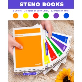 Dynta Steno Pads Spiral 6x9 12 Pack Gregg Rule Notebooks 6 Assorted Covers 60 Sheets White Paper, Writing Note Pads for Note-taking in School Office Home College University Work Travel