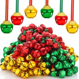 Sumind 100 Pieces Christmas Bell Necklaces Large Bell Necklaces with Connect Ribbons Bulk for Christmas Supplies or Craft Holiday Party Supplies(Gold, Red, Green)