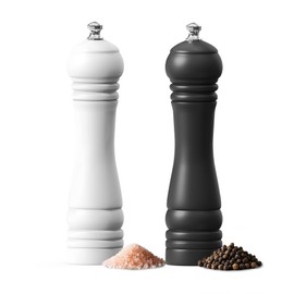 CAROTE Wooden Salt and Pepper Grinder Set, Refillable Sea Salt & Pepper Mills Adjust for Customized Coarseness, Spice grinders with Wood and Stainless Steel, Black & White, 8.2 Inch