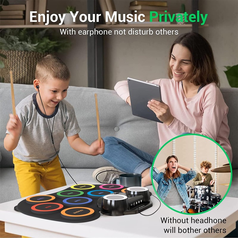 ROCKSOCKI Electronic Drum Set 9Pads with LED Lights, Bluetooth Portable