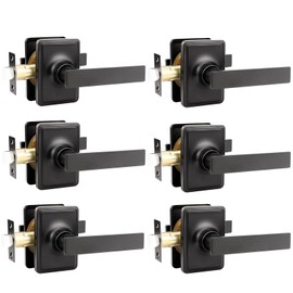 GOBEKOR Matte Black Passage Lever Door Handle with Lock Black Keyless Passage Door Locks for Hall Closet Keyless Reversible Door Lockset with Greenwich Trim 6 Pack