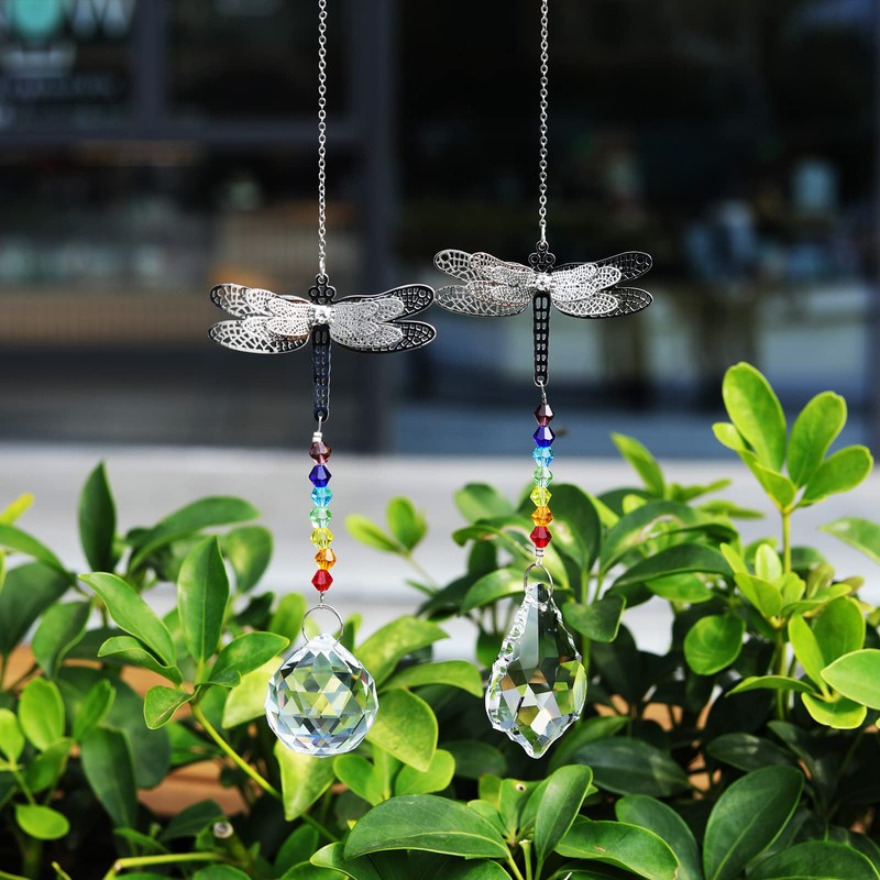 LONGSHENG 2Pcs Dragonfly Rainbow Crystal Suncatchers; Maple leaf Chandelier Crystal