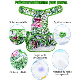 Pañales Lavables para Perros Hembra, Paquete 3 Vestidos Faldas Reutilizables, para Perras Hembras en Calor, Período, Incontinencia, 28-32cm de Cintura Ajustable, Patrón Flores Púrpura/Verde/Rosa (S)