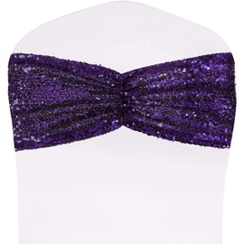 SquarePie Pack of 20 Sequin Chair Sashes Purple Shiny Bows Bands for Wedding Banquet Party Decor