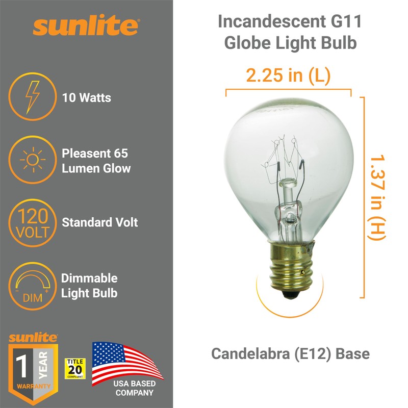 Sunlite G11 Globe Incandescent Light Bulbs, 10 Watts, 65 Lumens,