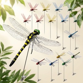 12 PCS Realistic Dragonfly Garden Stakes with Clips, Colorful ABS Dragonfly Decorations for Planters, Flower Beds, Patio, Yard, Indoor Plants and Party Display