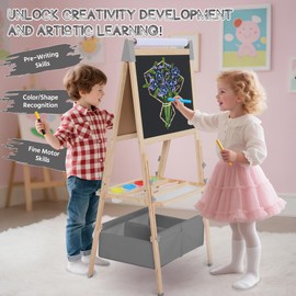 TODEFULL 3 in 1 Adjustable Kids Art Easel Set, Dual-Sided Wooden Art Station w/Magnetic Whiteboard, Chalkboard & Paper Roll, Height Adjustable Standing Painting Easel for Toddlers Ages 3+, Gray