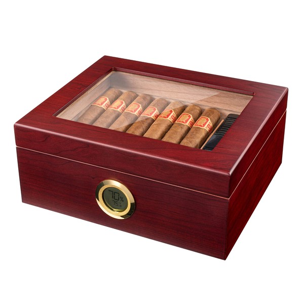 Mantello Cigars Humidor, Cigar Box, Cigar Humidors- Cigar Humidor Box for 25-50 Cigars with Digital Hygrometer & Divider - Royal Glass-Top, Spanish Cedar Wood Interior, Rich Cherry Finish