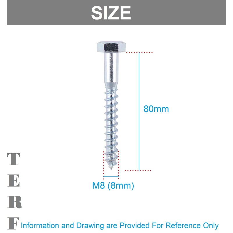 TERF® M8 X 80mm Coach Screws Hex Head Stainless Steel