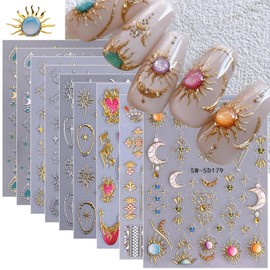 Sun Nail Stickers Decals 9 Sheets Bohemian Style Nail Art Stickers 5D/3D Embossed Self Adhesive Moon Star Heart Flame DIY Metallic Designs Gothic Decoration Supplies Nail Accessories for Women