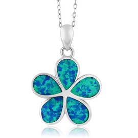 Gem Stone King 925 Sterling Silver Created Blue Opal Flower Pendant for Women with 18 Inch Silver Chain