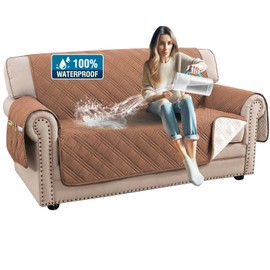 H.VERSAILTEX 100% Waterproof Sofa Covers for 2 Cushion Couch Modern Sofa Covers Waterproof and Washable Thick Soft Couch Cover for Dogs with Elastic Straps (Loveseat, Terracotta/Beige)