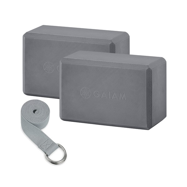 Gaiam Essentials Yoga Block 2 Pack & Yoga Strap Set, Grey