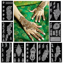 QSTOHENA Indian Henna Tattoo Stencils Kit for Hands, Forearm, Glitter Airbrush DIY Tattooing Template, 9 Sheets Reusable Temporary Tattoo Stickers for Women Girls (21 x 12 cm)